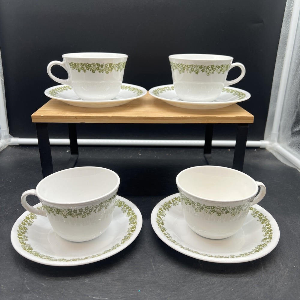 Vintage Corelle Green Spring Blossom Crazy Daisy Coffee Tea Cup Saucer Set of 4